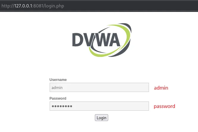 DVWA giriş ekranı
