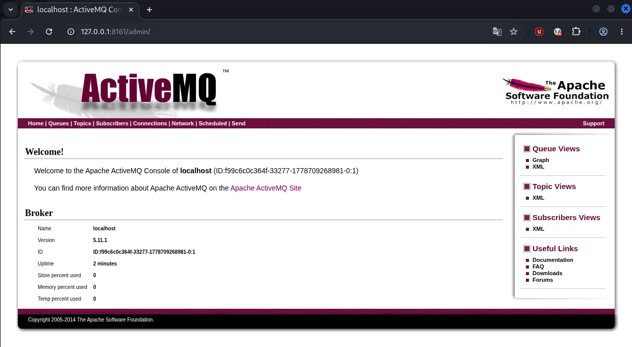 ActiveMQ admin paneli ana sayfası, Broker bilgisinde Name localhost ve Version 5.11.1 görünüyor