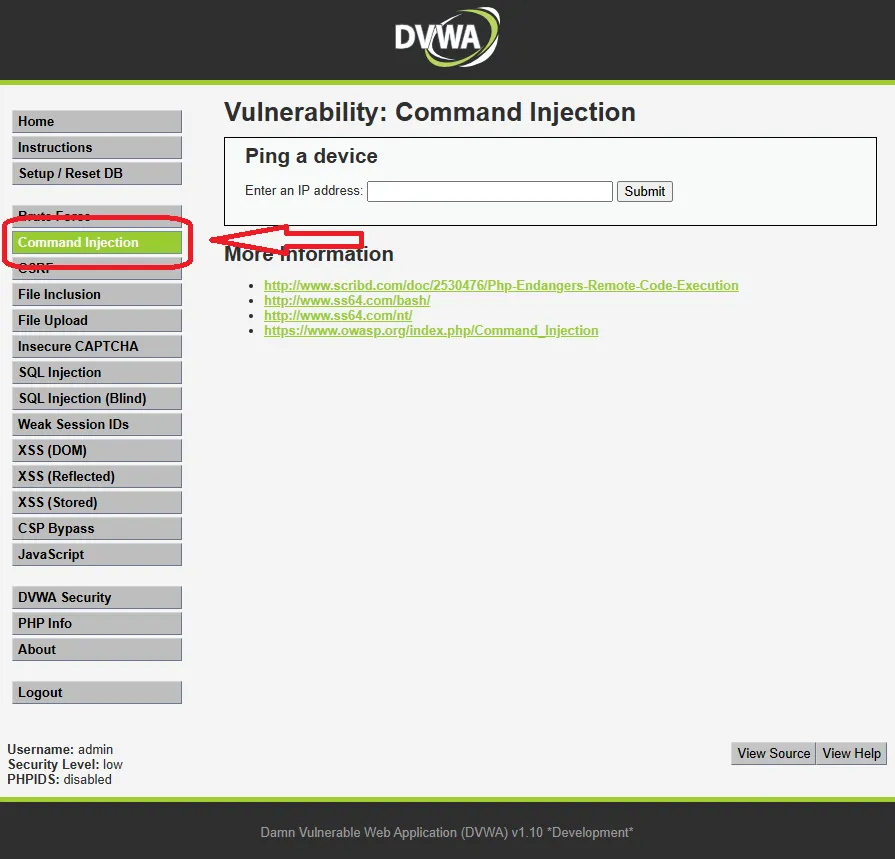 DVWA sol menüsünde Command Injection sayfası ve Ping a device formu