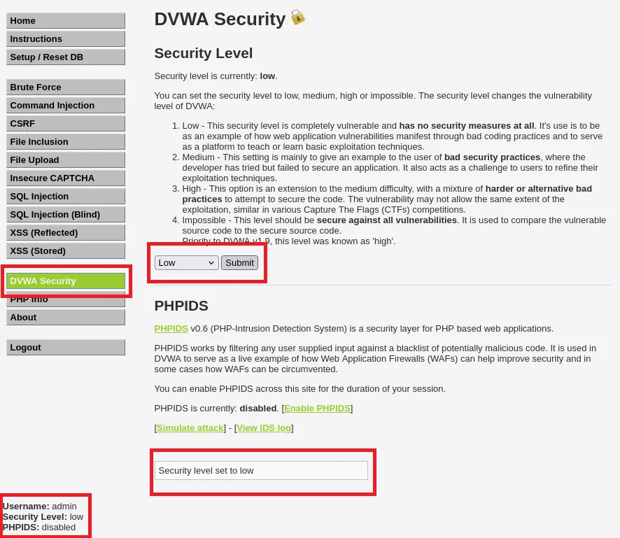 DVWA güvenlik seviyesi low