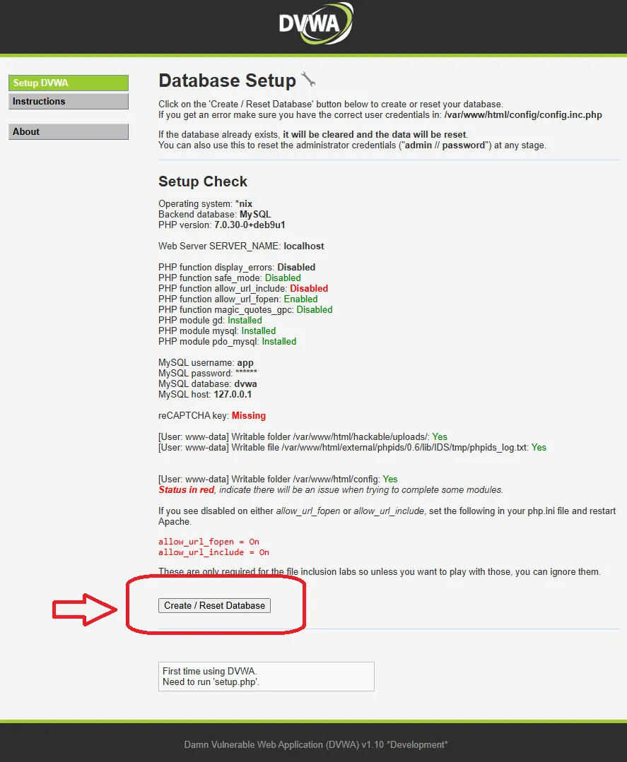 DVWA setup sayfasında veritabanı oluşturma
