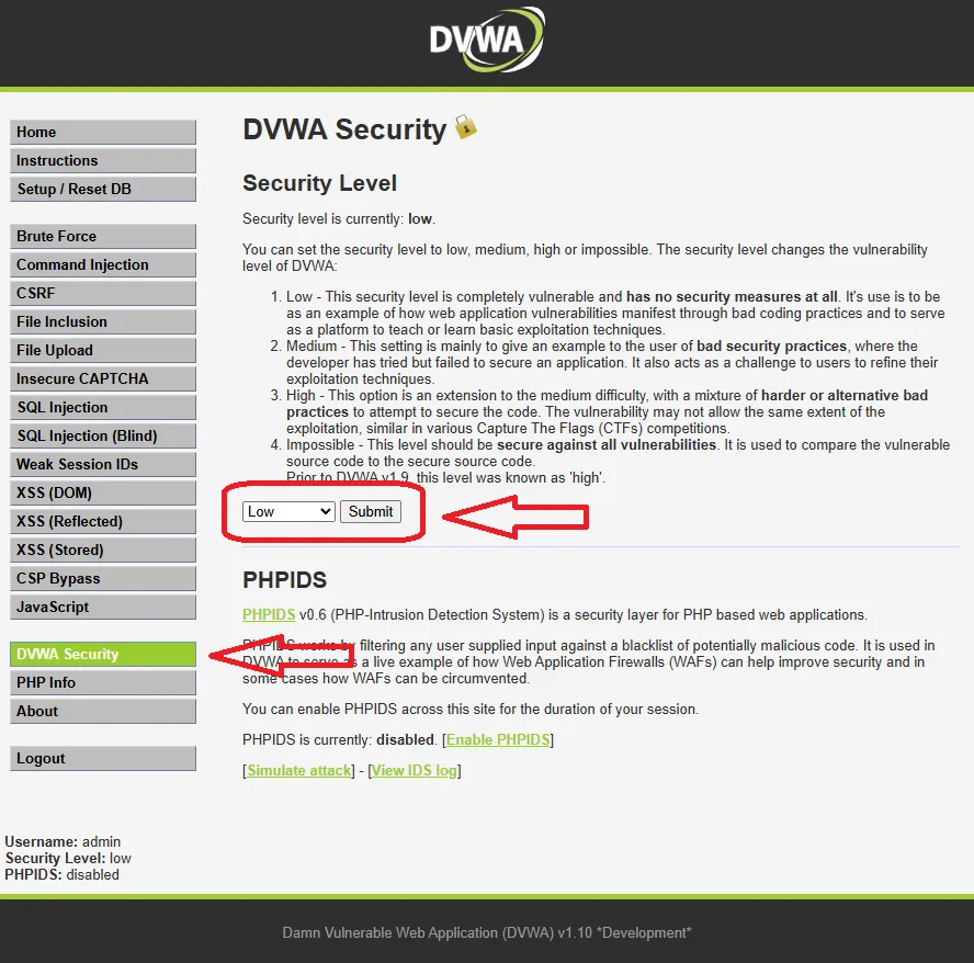 DVWA Security menüsünde güvenlik seviyesi Low