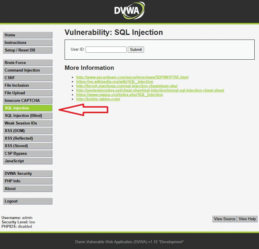 DVWA SQL Injection sayfası