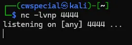Kali terminalinde nc -lvnp 4444 ile açılan ve bağlantı bekleyen dinleyici
